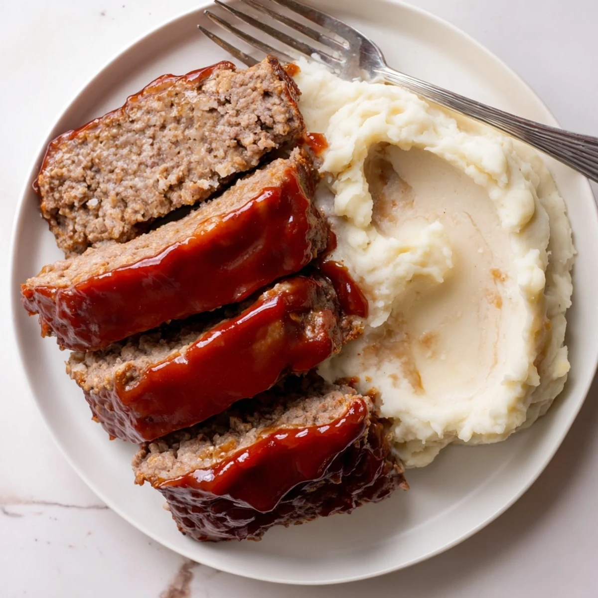 Hearty classic meatloaf served with buttery mashed potatoes, ideal for comforting weeknight meals.  