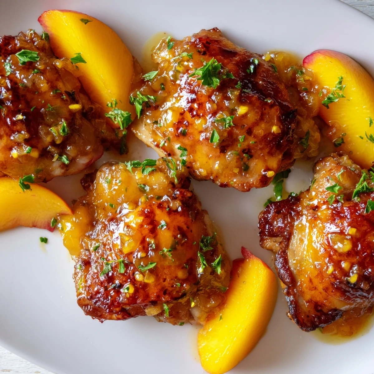 Juicy Sweet & Spicy Peach Glazed Chicken Thighs garnished with fresh herbs and peach slices.  