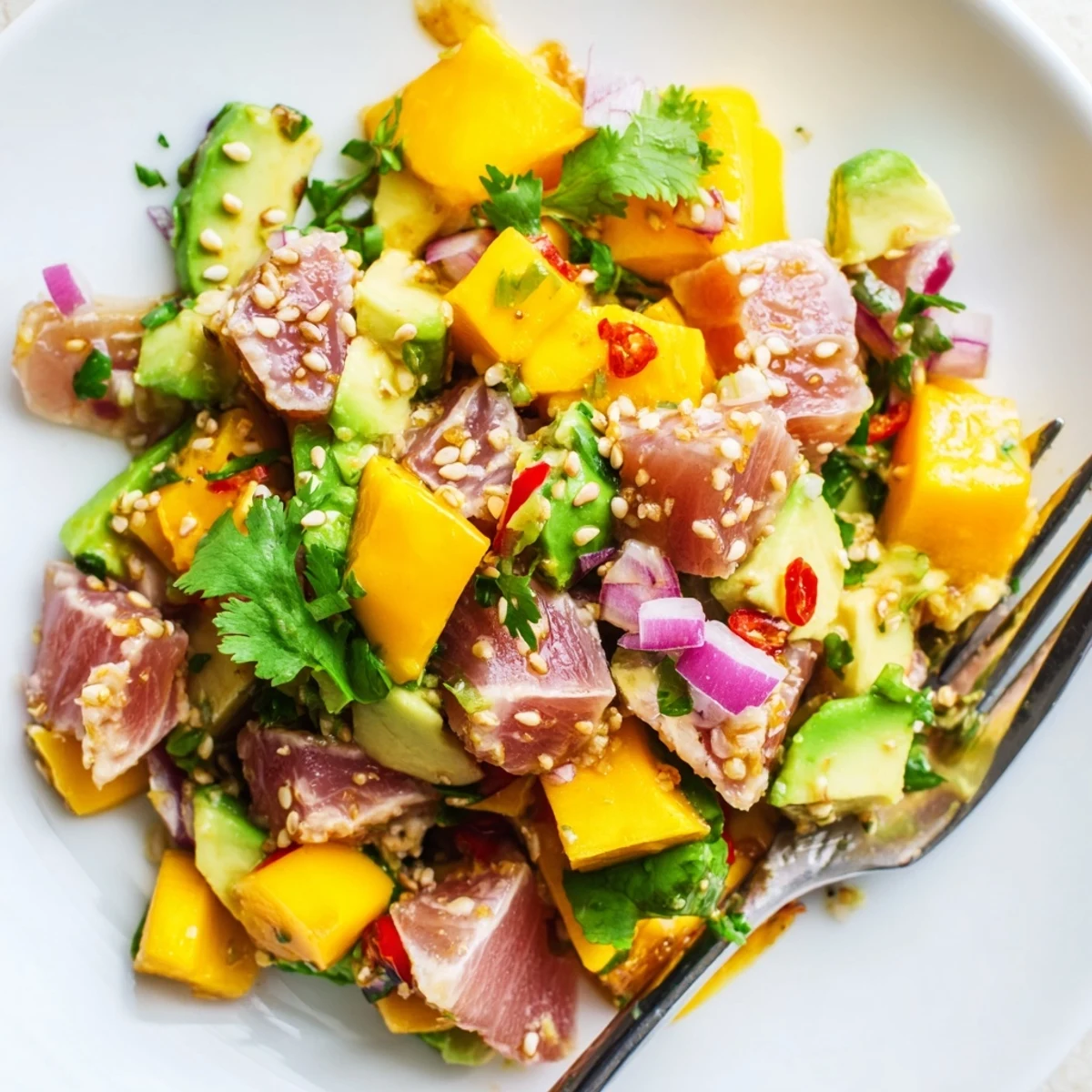Vibrant Spicy Mango & Avocado Tuna Salad served in a bowl, perfect for summer.