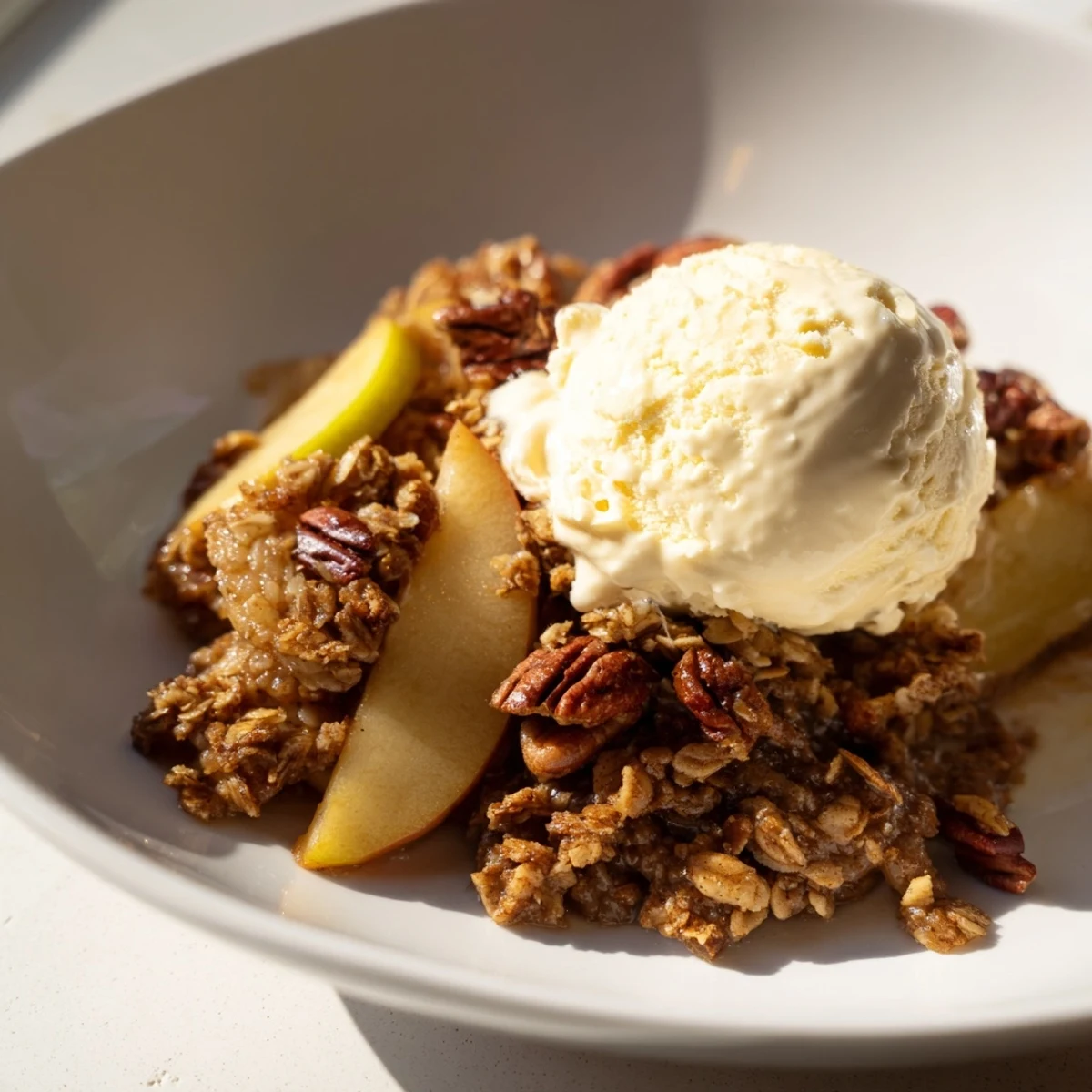 Deliciously textured spiced apple and pecan crisp drizzled with vanilla ice cream.  