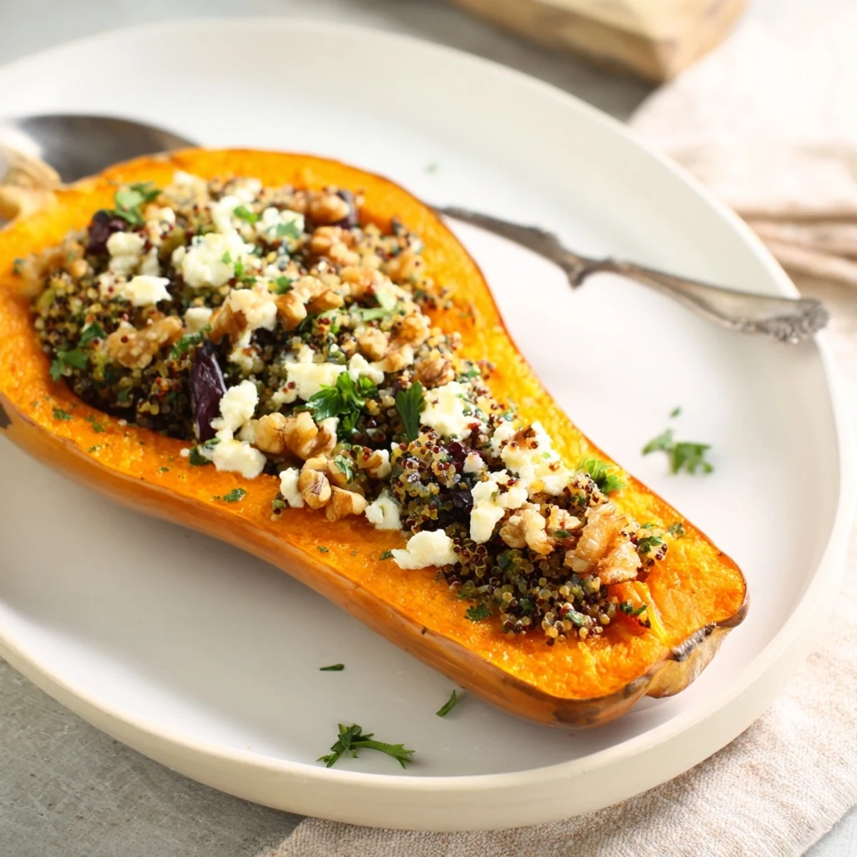 Savory-sweet walnut and cranberry stuffed acorn squash ready to delight your taste buds.  