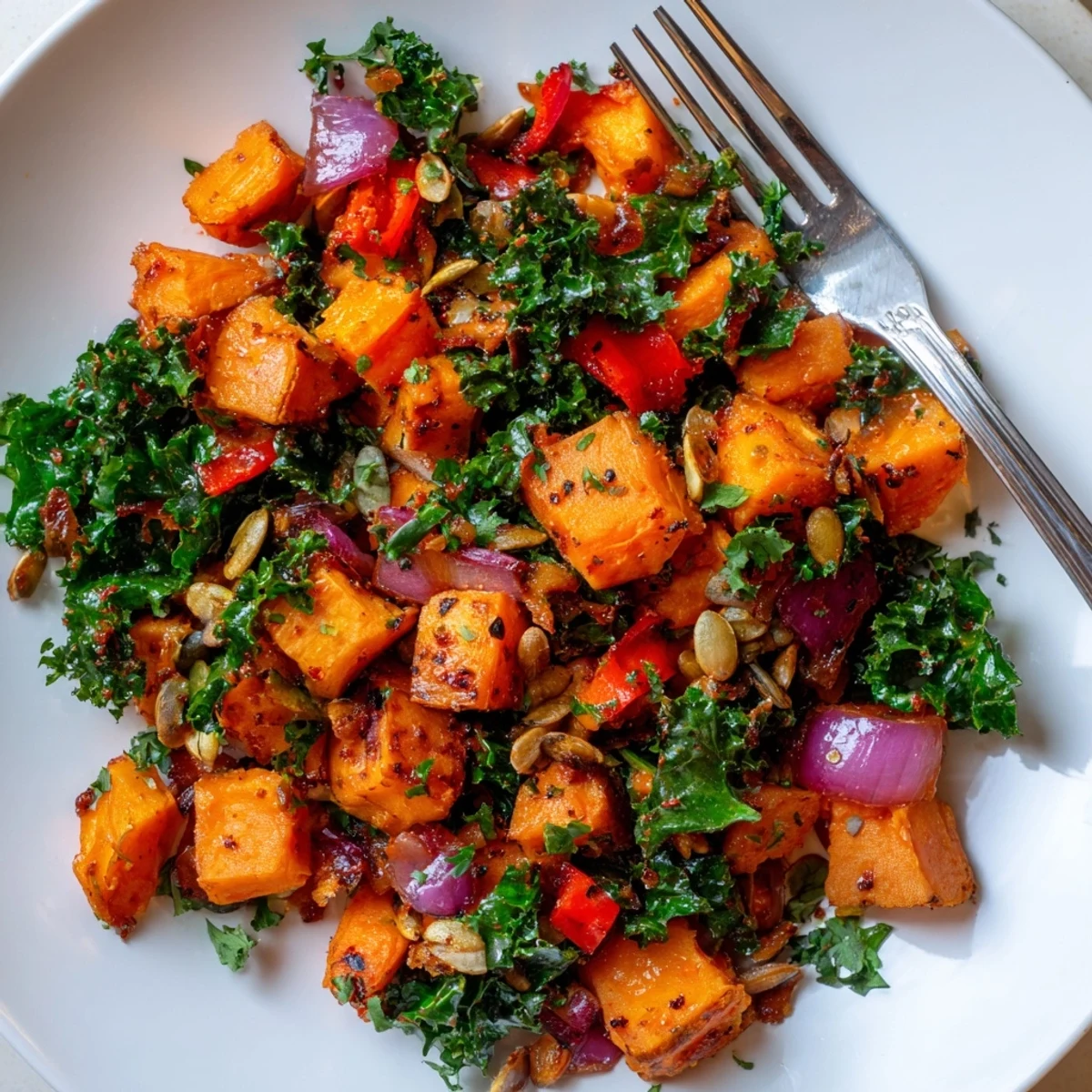 Maple glazed sweet potato and kale hash served with fresh parsley and pumpkin seeds.  