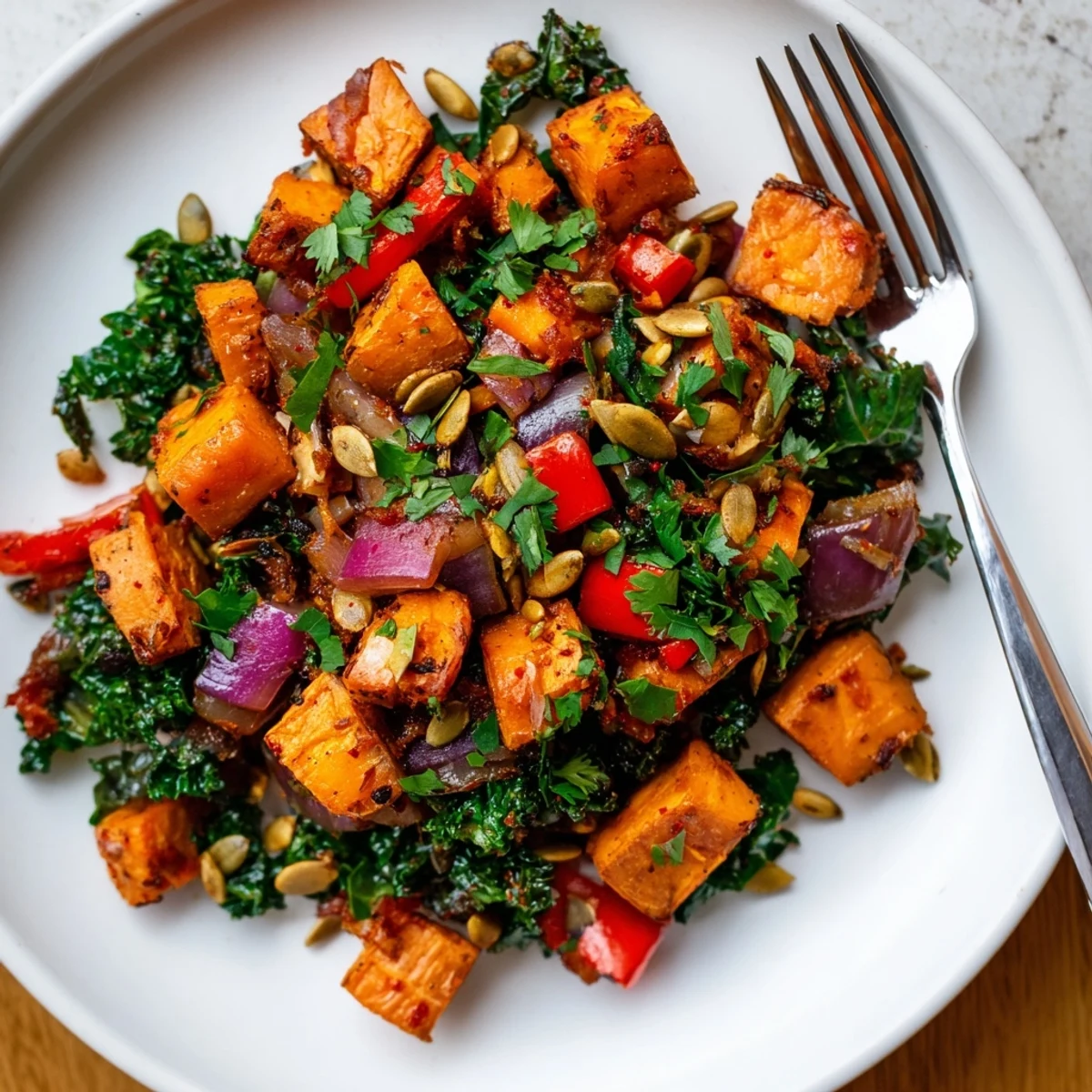 Colorful, nutritious maple glazed sweet potato and kale hash in a skillet.  