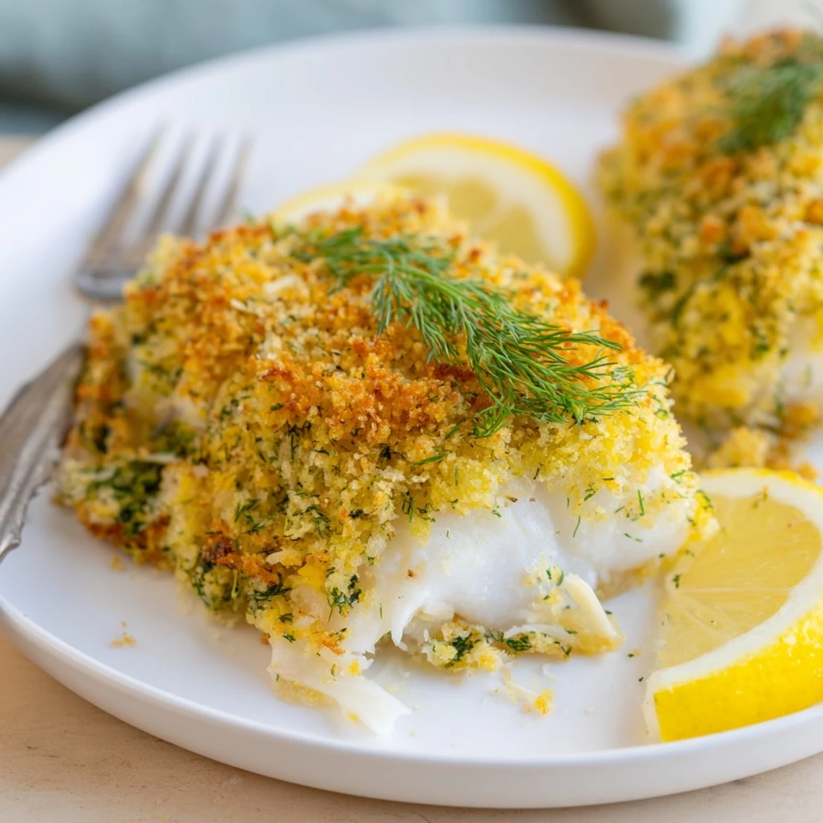 Crispy Zesty Lemon & Dill Crusted Cod served with vibrant lemon wedges and herbs.  