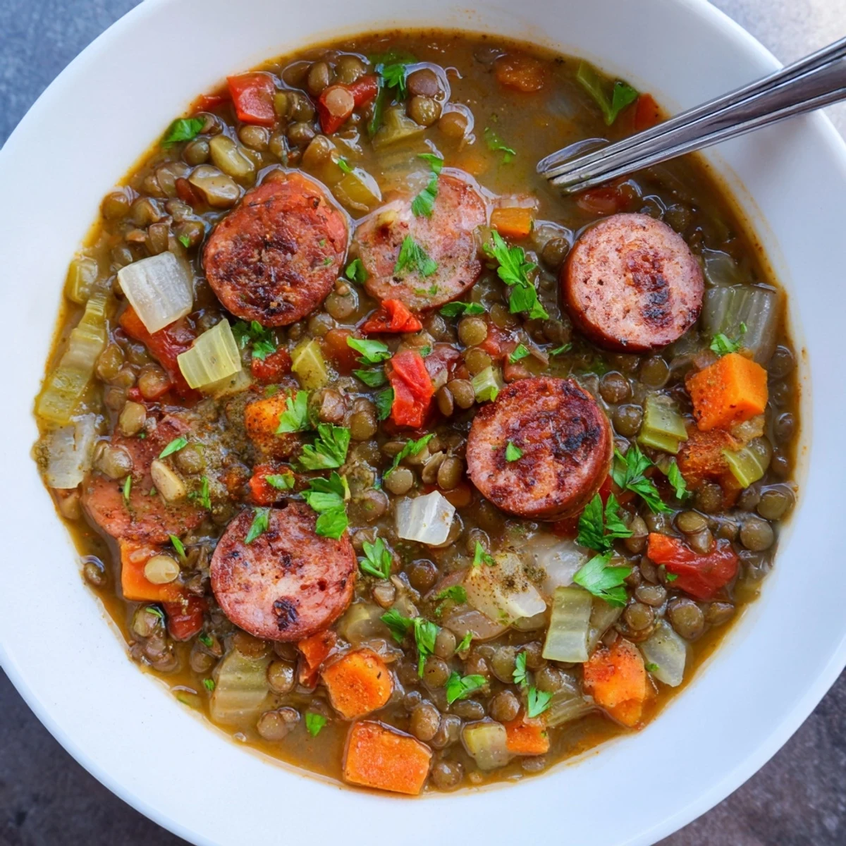 Warm, smoky Cajun spiced lentil and sausage soup served with crusty bread.  
