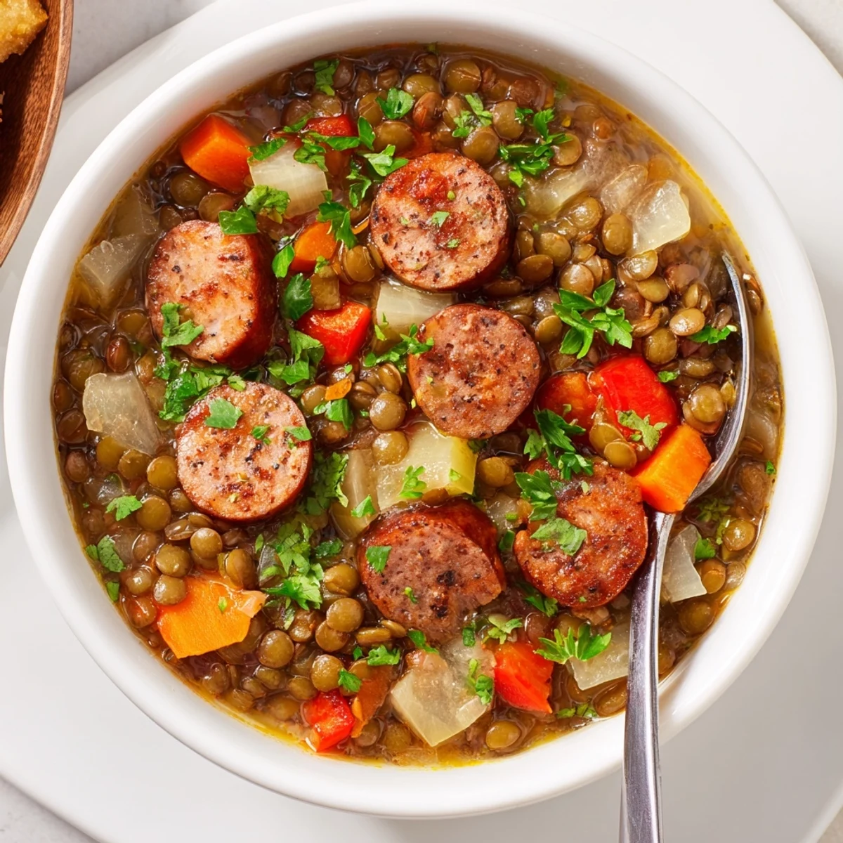 Comforting Cajun spiced lentil and sausage soup simmered with colorful vegetables.