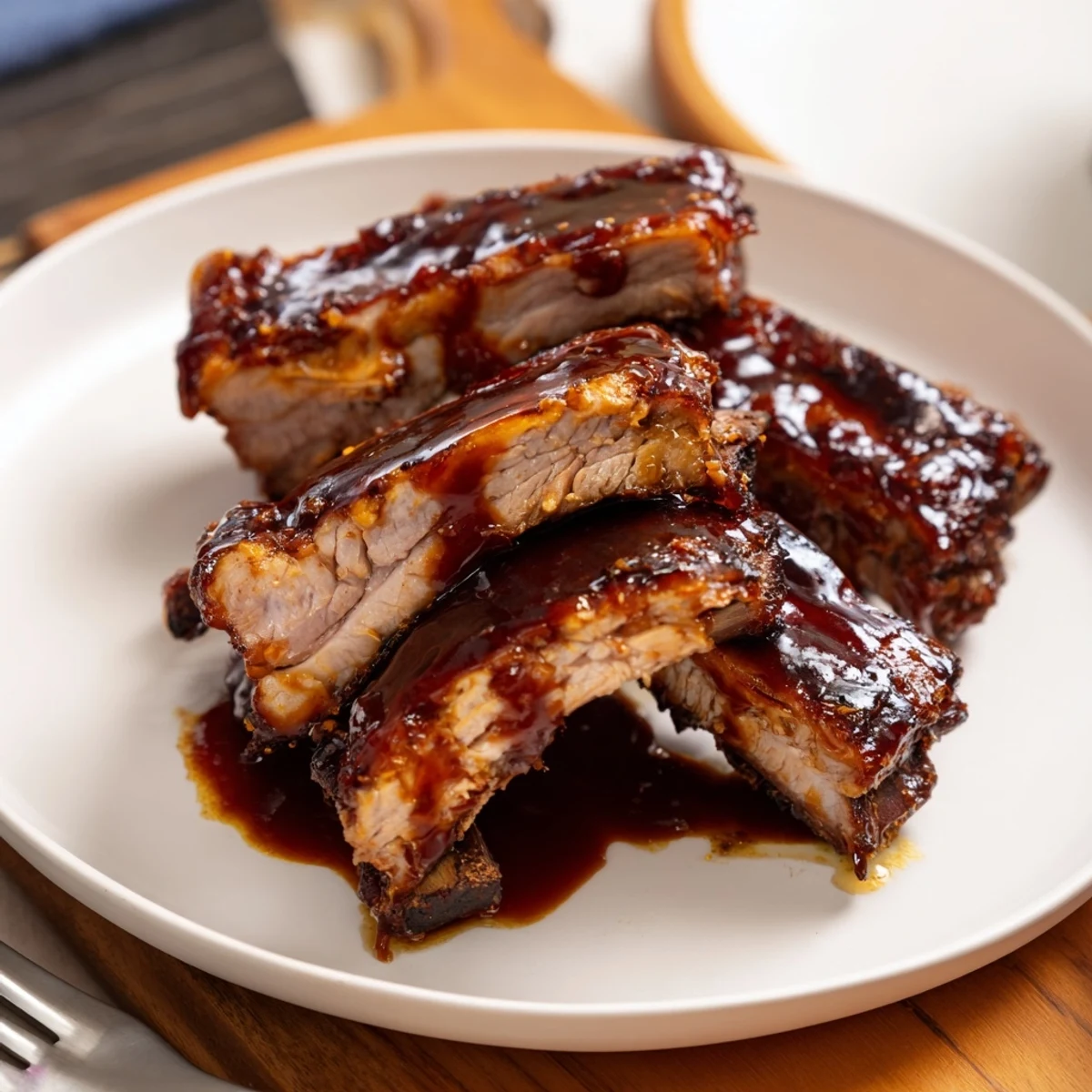 Succulent baby back ribs coated in rich honey mustard glaze, ideal for summer gatherings.  
