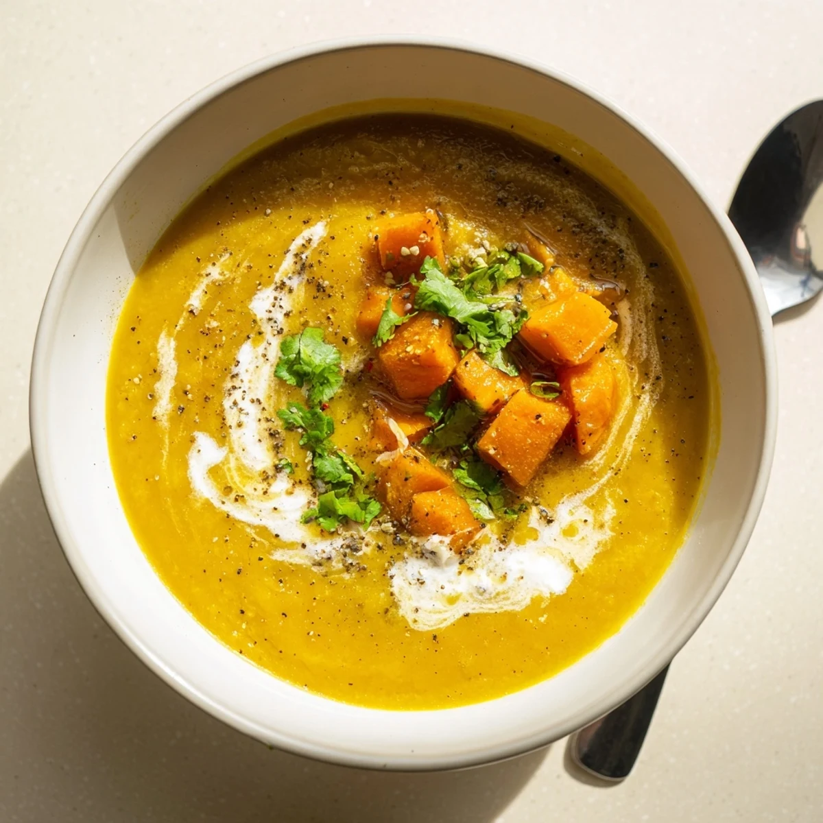 Creamy turmeric and honey roasted carrot soup garnished with fresh herbs and yogurt.  