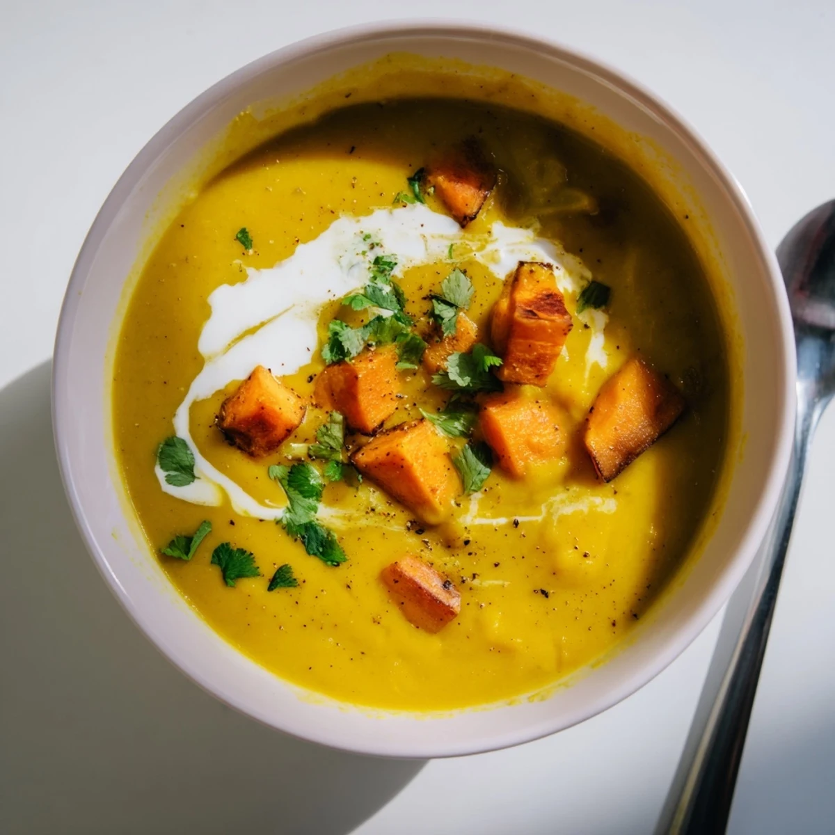 Vibrant turmeric & honey roasted carrot soup steaming in a rustic bowl, ready to serve.  