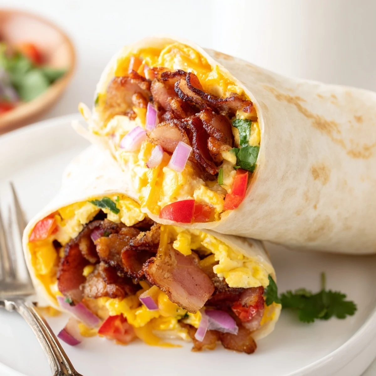 Deliciously wrapped smoked bacon & cheddar breakfast burritos, perfect for a morning feast.  