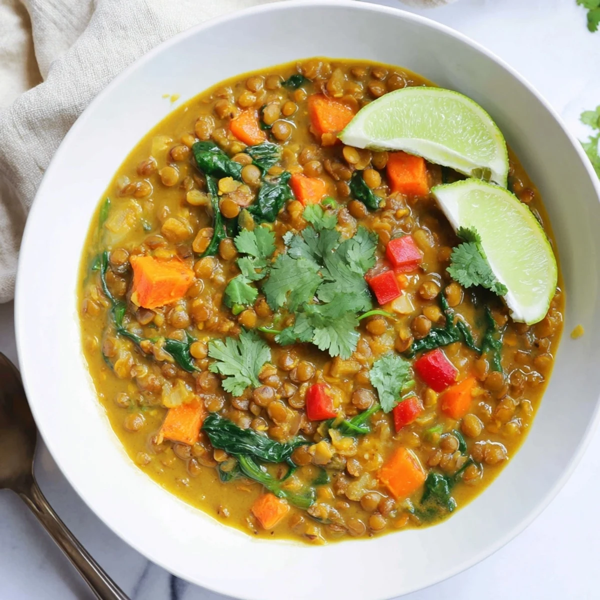 Comforting Coconut Curry Lentil Stew with Spinach, perfect for cozy nights and warm meals.