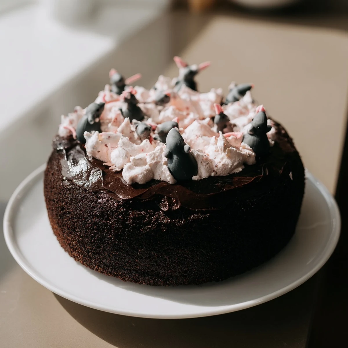 Close-up of a decadent Rat Cake featuring rich dark chocolate and decorative rat figures.