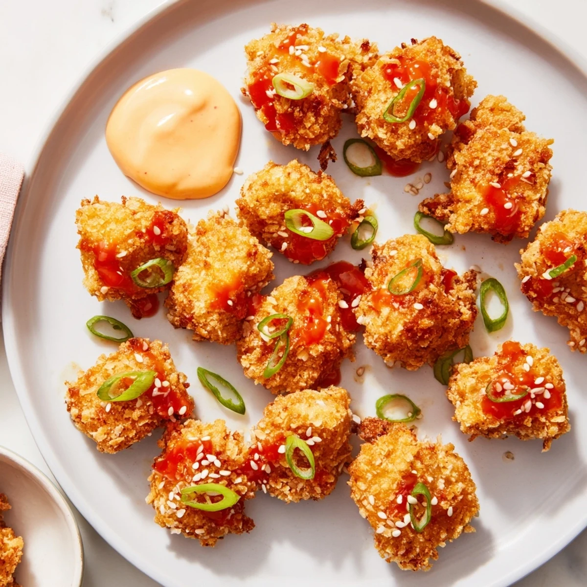 Juicy, bite-sized Bang Bang Chicken pieces tossed in vibrant sauce, ready to be dipped and enjoyed.
