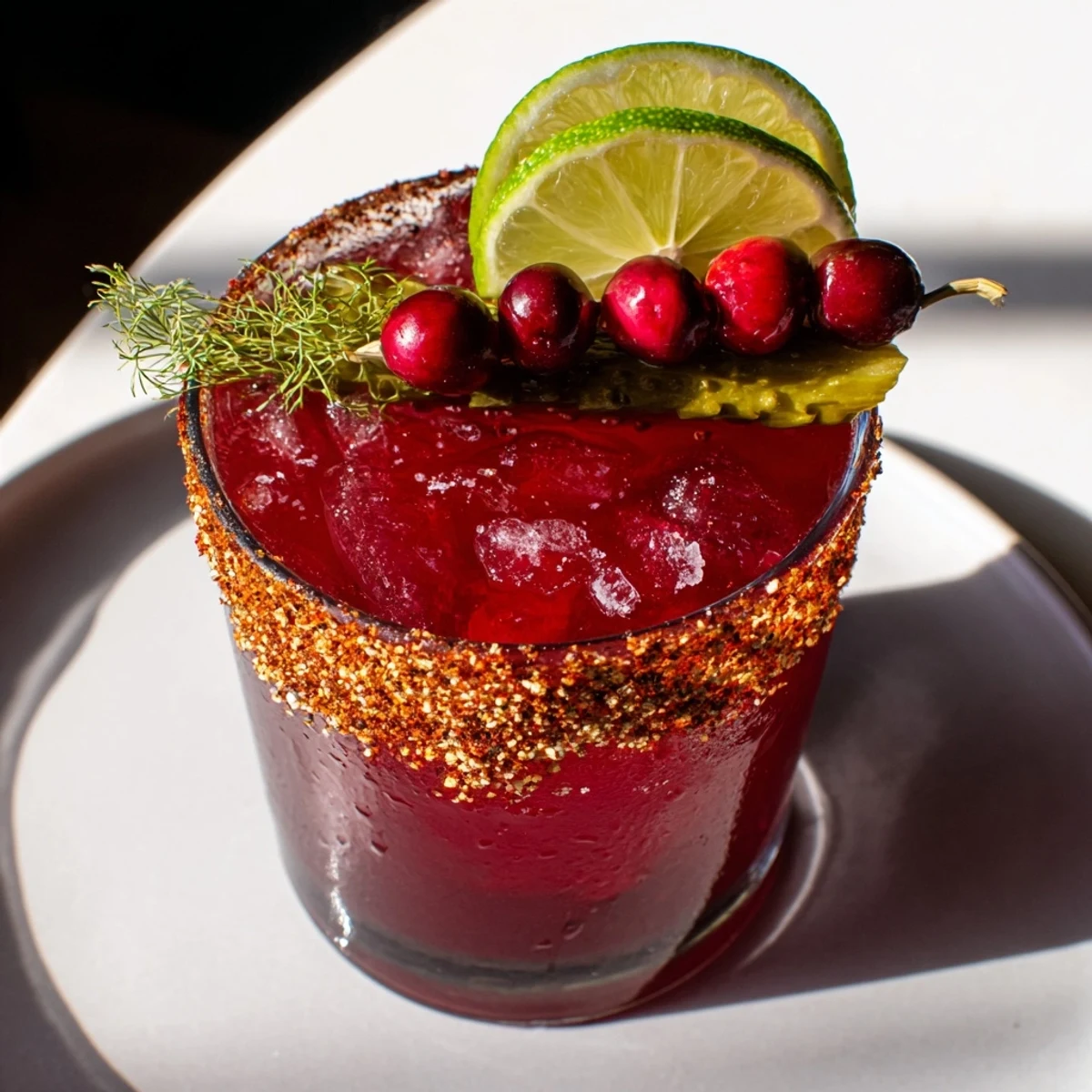 A colorful DIY Cranberry-Pickle Margarita, garnished with lime and pickle spear, ready to sip.