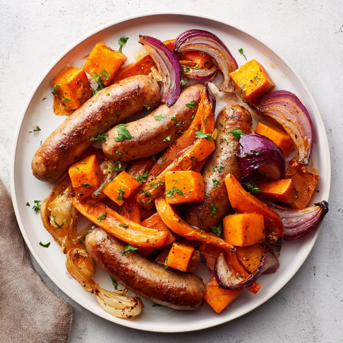 Golden-brown Sheet Pan Roasted Sausage, Squash & Root Vegetables with tender, caramelized veggies and juicy sausage.