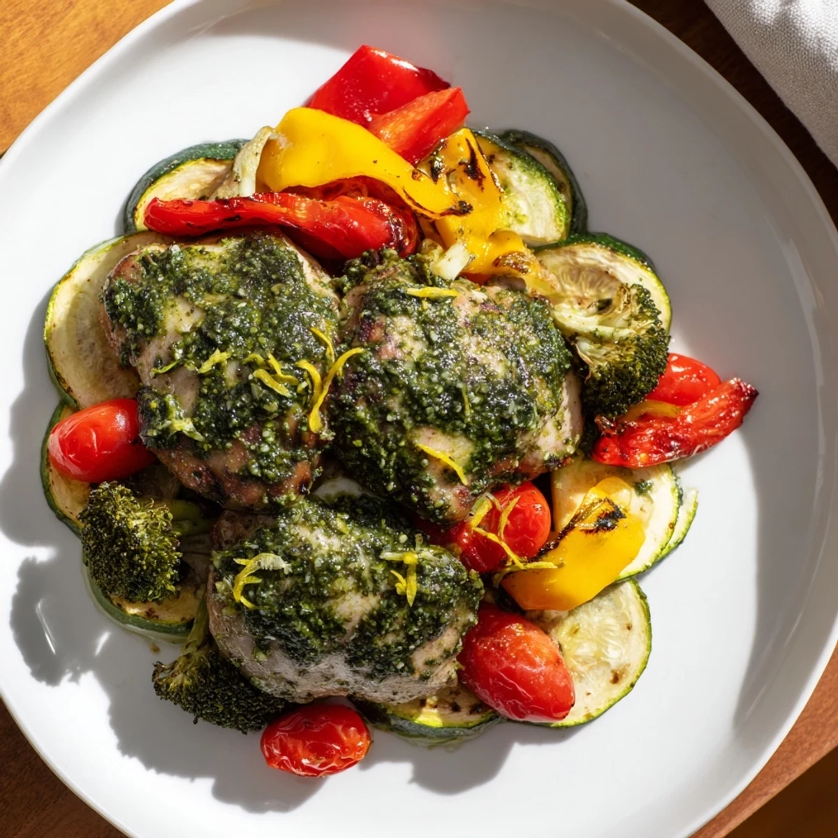 Tender Quick Lemon Pesto Chicken Sheet Pan with bright cherry tomatoes and a hint of fresh basil.