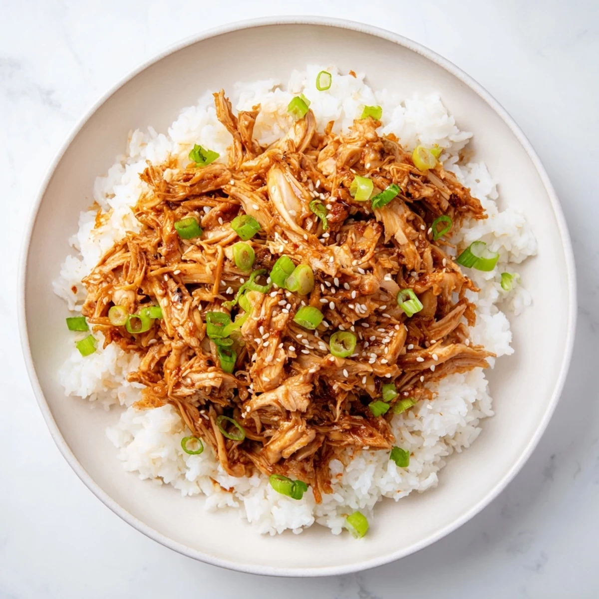 Tender slow cooker teriyaki chicken, coated in glossy sauce, served atop fluffy white rice.
