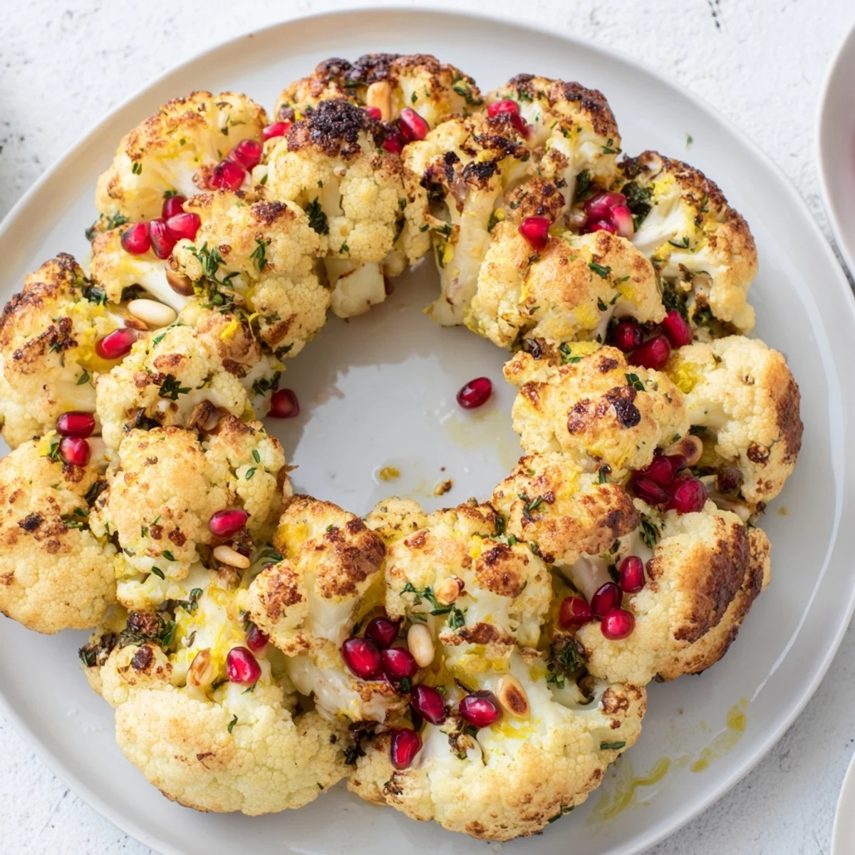Golden-brown roasted garlic and herb cauliflower wreath, garnished for a festive holiday side dish.