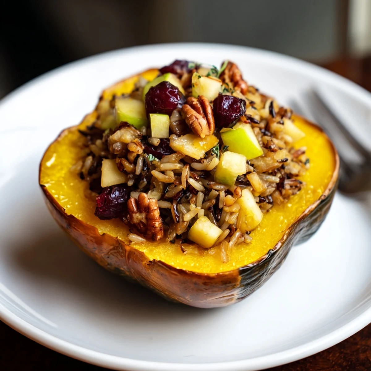 Golden brown stuffed acorn squash with maple sriracha drizzle, a delicious vegetarian main course.