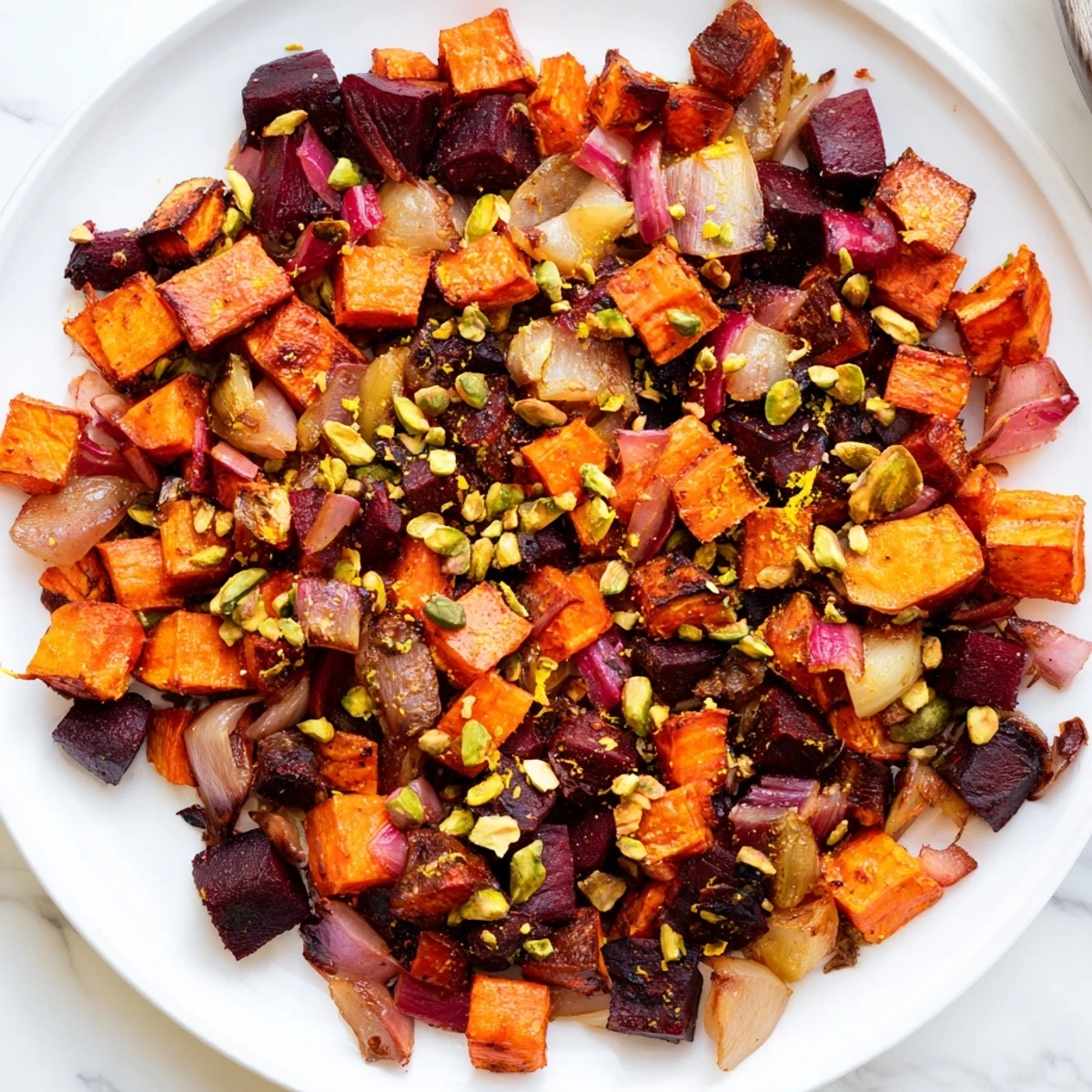 Golden, glistening balsamic glazed root vegetables with pistachio crunch, ready to enjoy as a flavorful side.