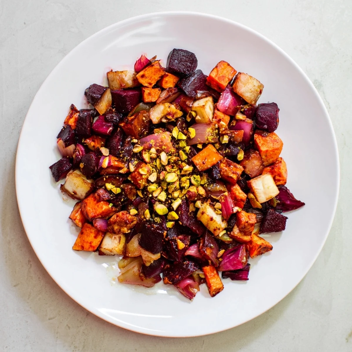 Oven-roasted Balsamic glazed root vegetables with vibrant colors, drizzled with sweet glaze and crunchy pistachios.