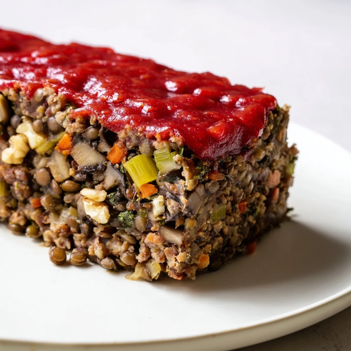 Savory Festive Lentil Loaf glistening with a tangy red pepper glaze, ready to serve and enjoy.