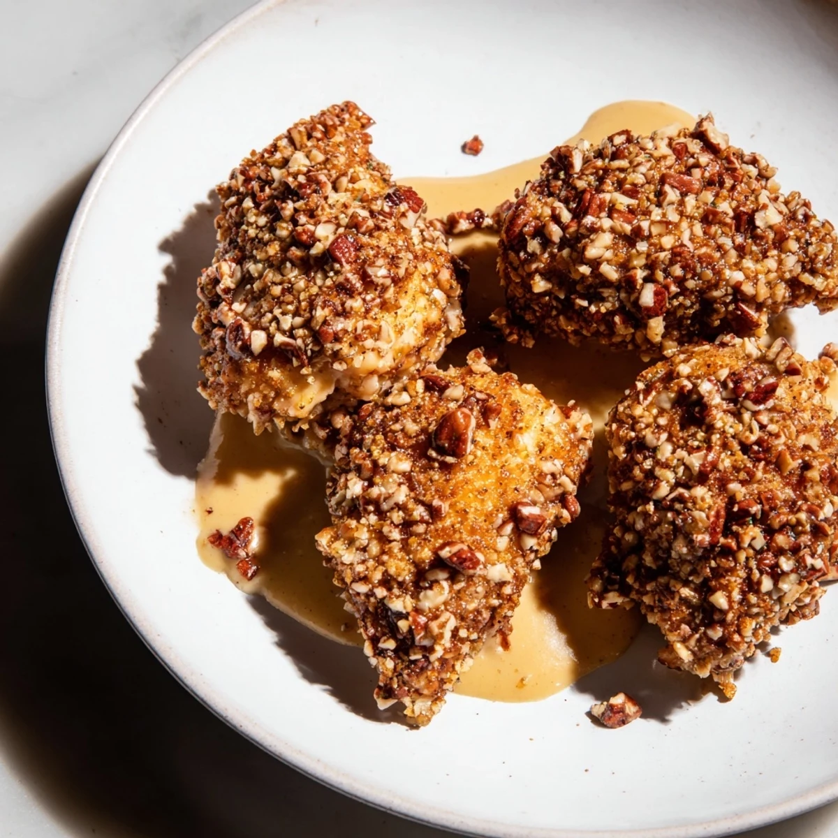 Golden-brown Pecan-Crusted Maple Dijon Chicken Bites, a satisfying appetizer ready to serve warm.