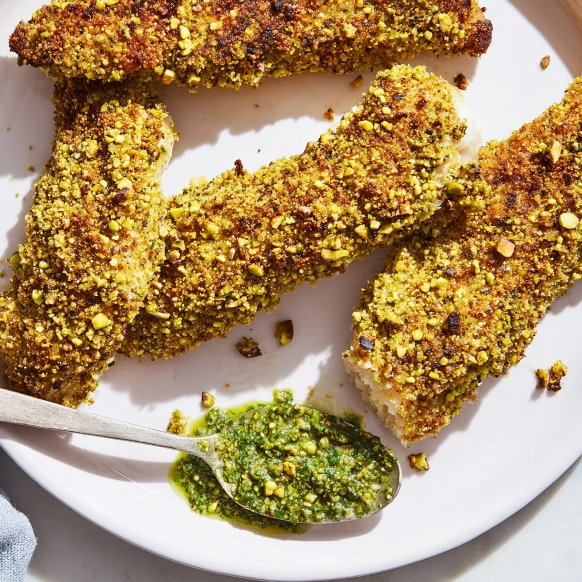 Beautifully plated pistachio crusted turkey tenders, a gluten-free and flavorful main dish accompanied by chimichurri.