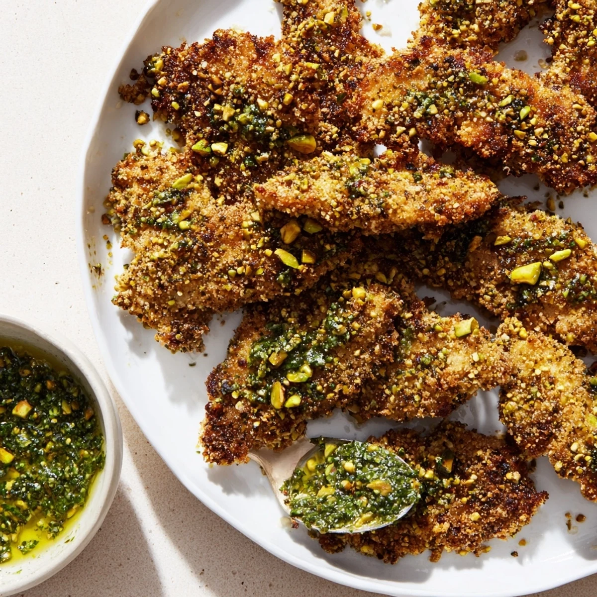Crispy pistachio crusted turkey tenders, promising a burst of flavor alongside the vibrant chimichurri.