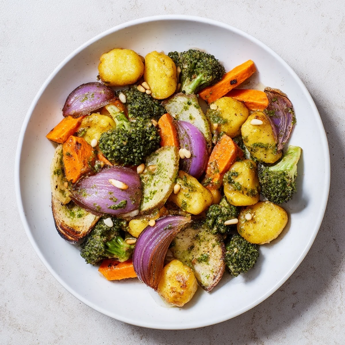 Golden, roasted Sheet Pan Pesto Gnocchi with colorful winter veggies, ready for a flavorful bite.