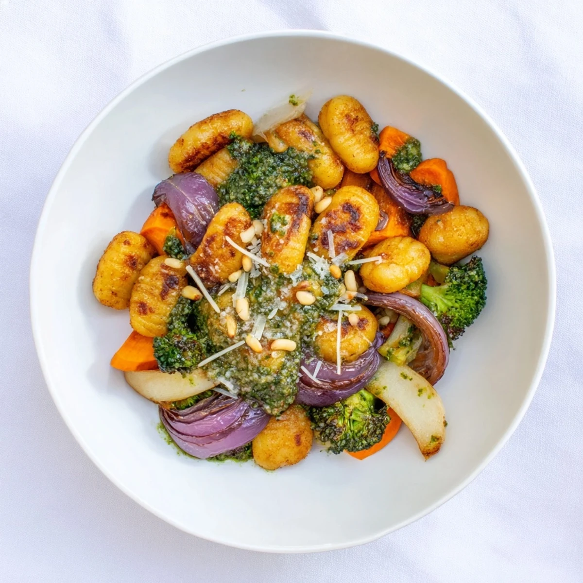 Tender gnocchi absorbing vibrant pesto, surrounded by roasted winter vegetables in this sheet pan meal.