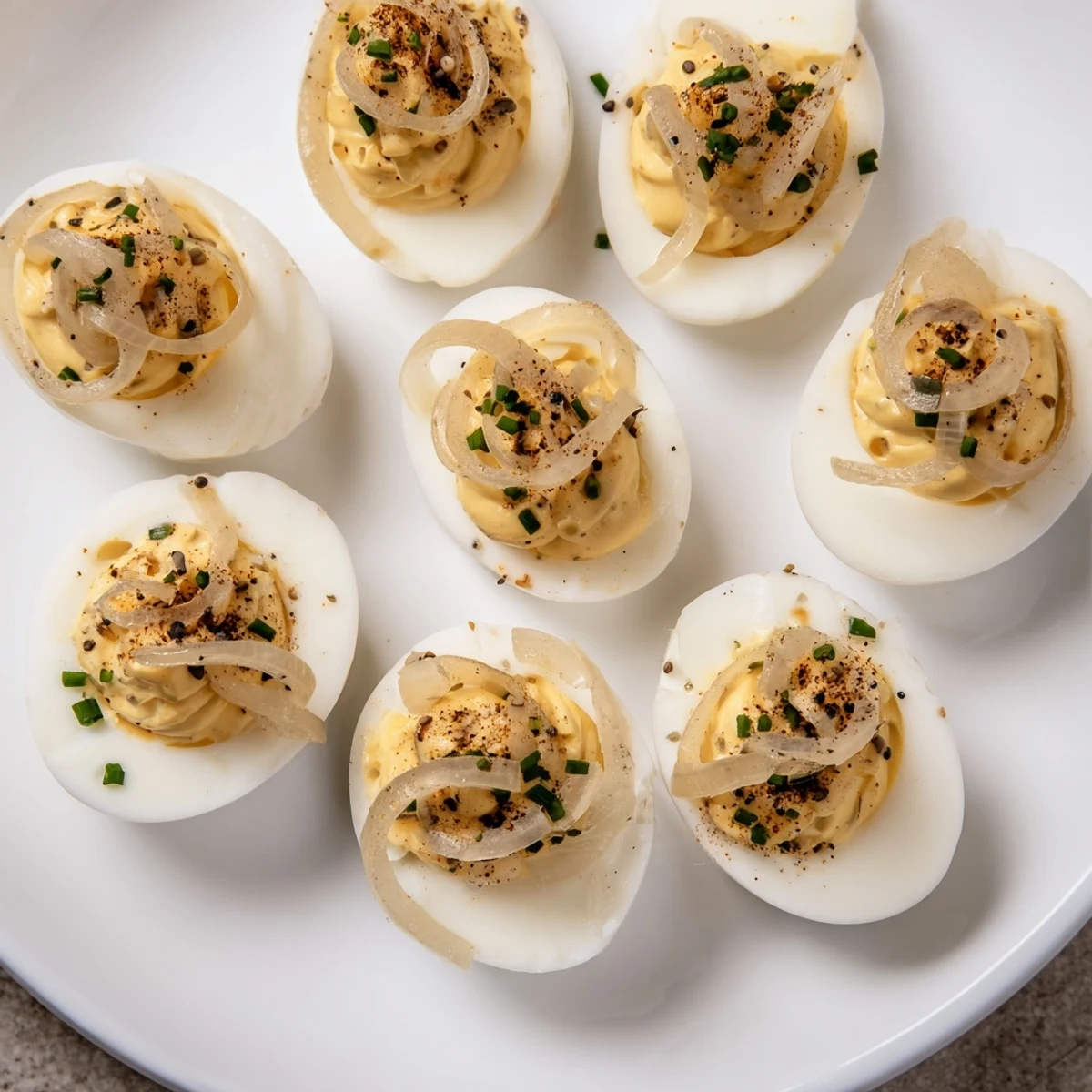 Savory Everything-Spiced Deviled Eggs with Pickled Shallots showcase creamy filling under a sprinkle of seasoning.