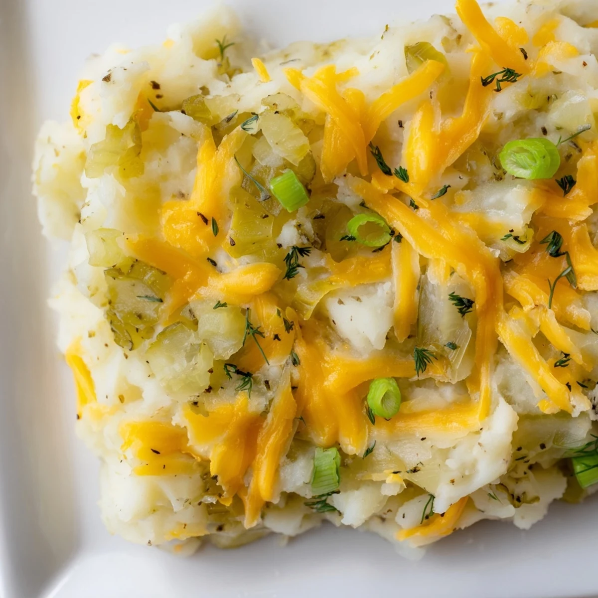 Golden Dill Pickle Mashed Potato Bake, bubbly with cheddar, offers a comforting, savory experience.