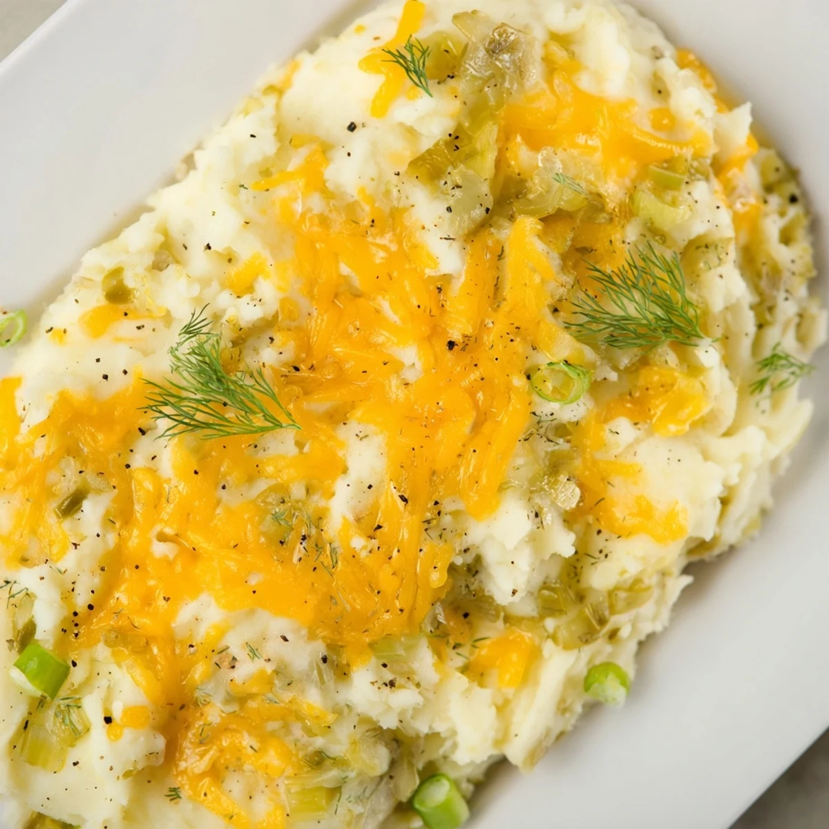 Creamy Dill Pickle Mashed Potato Bake, baked to perfection, is topped with melted cheese, ready to serve.