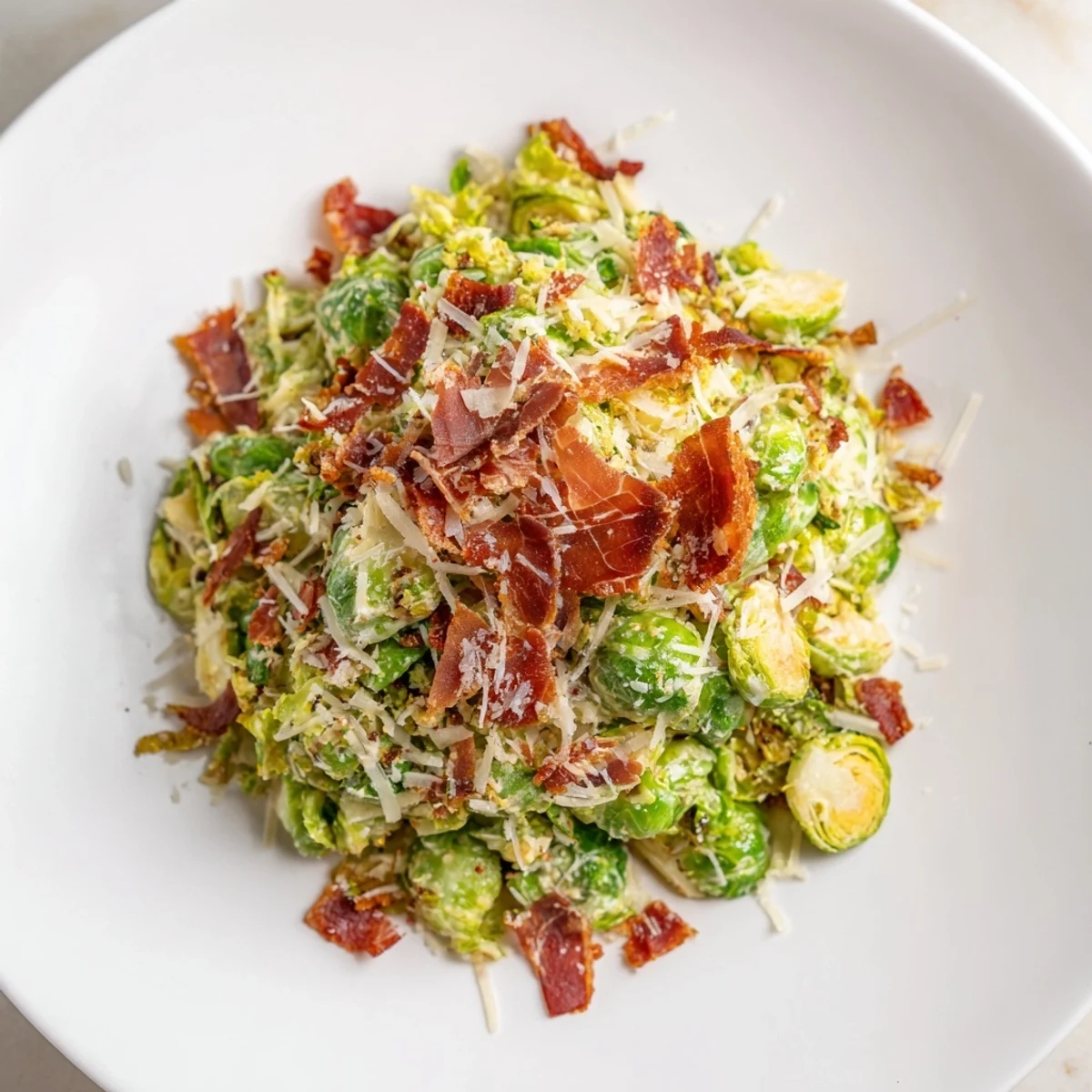 Warm Brussels Sprouts Caesar salad, featuring crispy prosciutto and shaved Parmesan, a delightful meal.