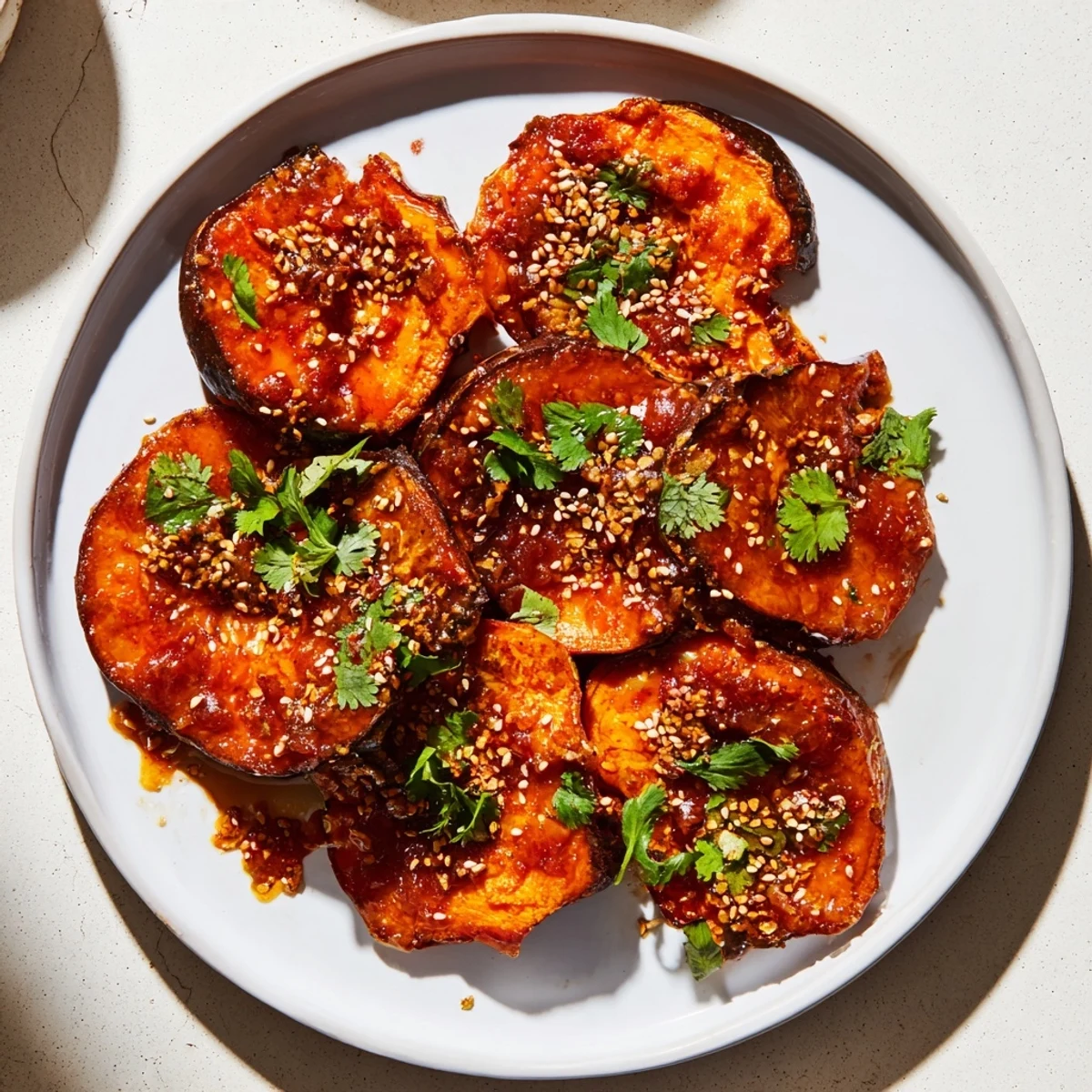 Golden-brown smashed sweet potatoes, glazed with spicy gochujang honey butter, ready to serve and enjoy.