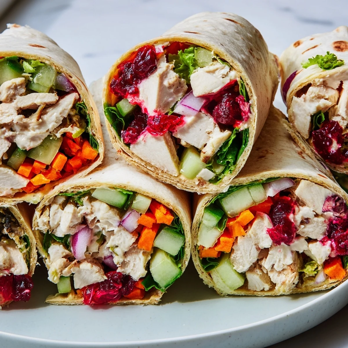 Close-up of a delightful Cranberry Relish Chicken Salad Wrap, overflowing with fresh ingredients and flavor.