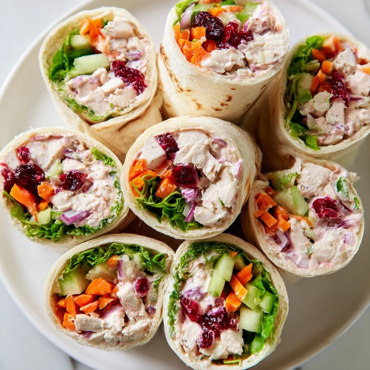 Savory Cranberry Relish Chicken Salad Wraps, ready to eat, with colorful vegetables spilling out.