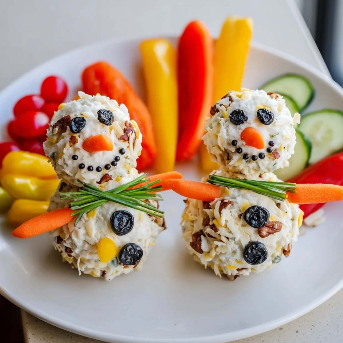 Chilled savory herb cheeseball snowmen, a vegetarian appetizer served with fresh, vibrant vegetable sticks.
