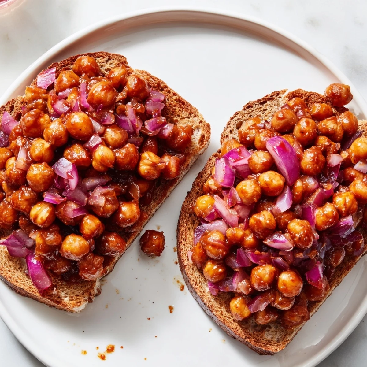 BBQ chickpeas on toast, with a vibrant BBQ sauce coating the tender chickpeas, ready to enjoy.