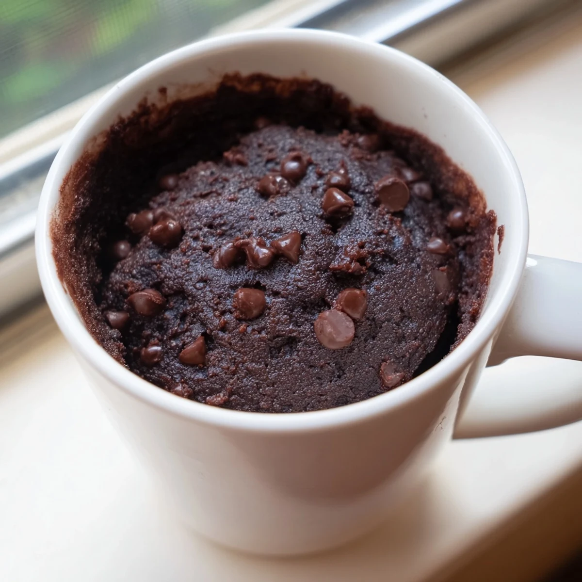 Fluffy chocolate Microwaved Mug Cake, a perfect decadent treat served warm in the mug.