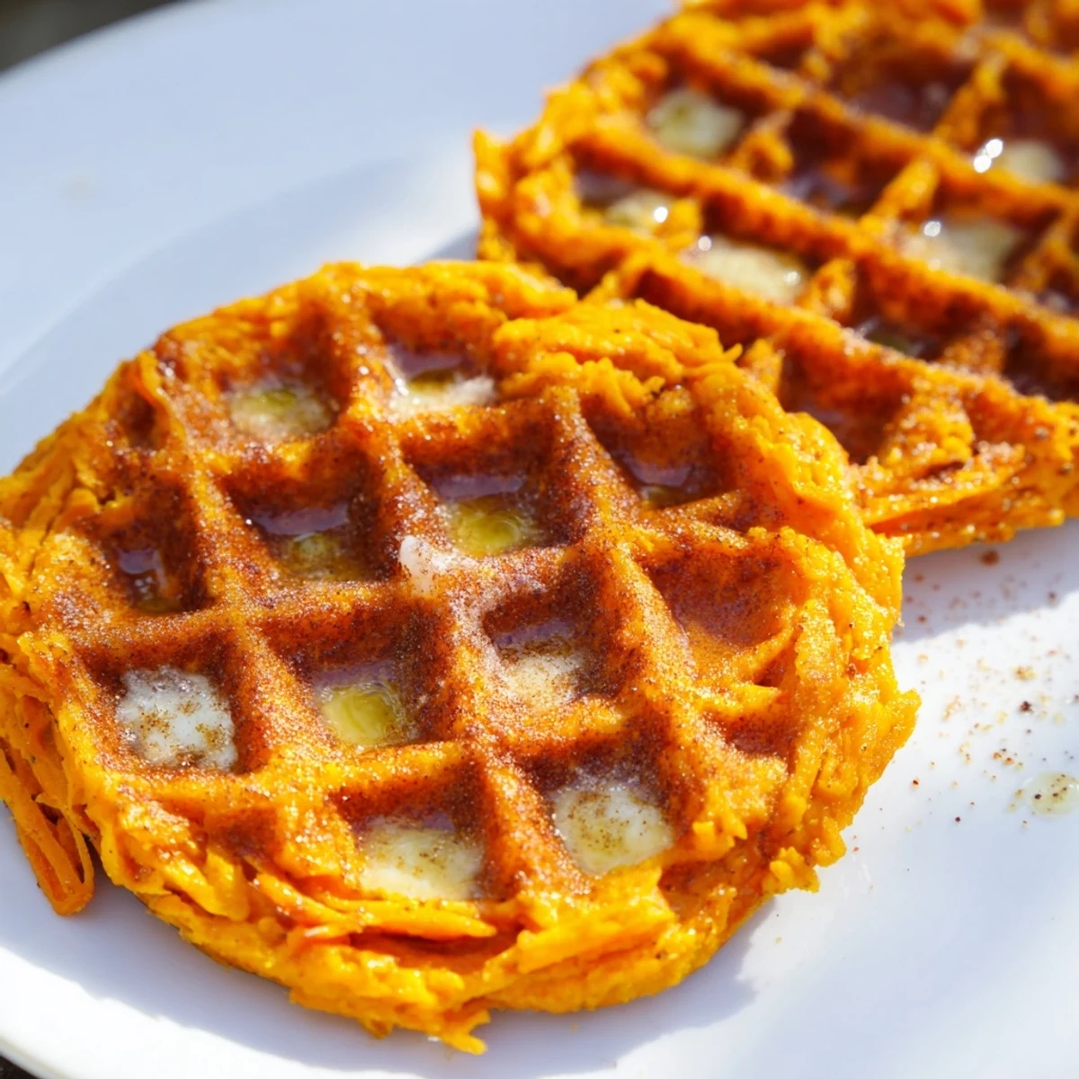 Golden, crispy sweet potato waffles, perfect for a delicious and nutritious breakfast treat.