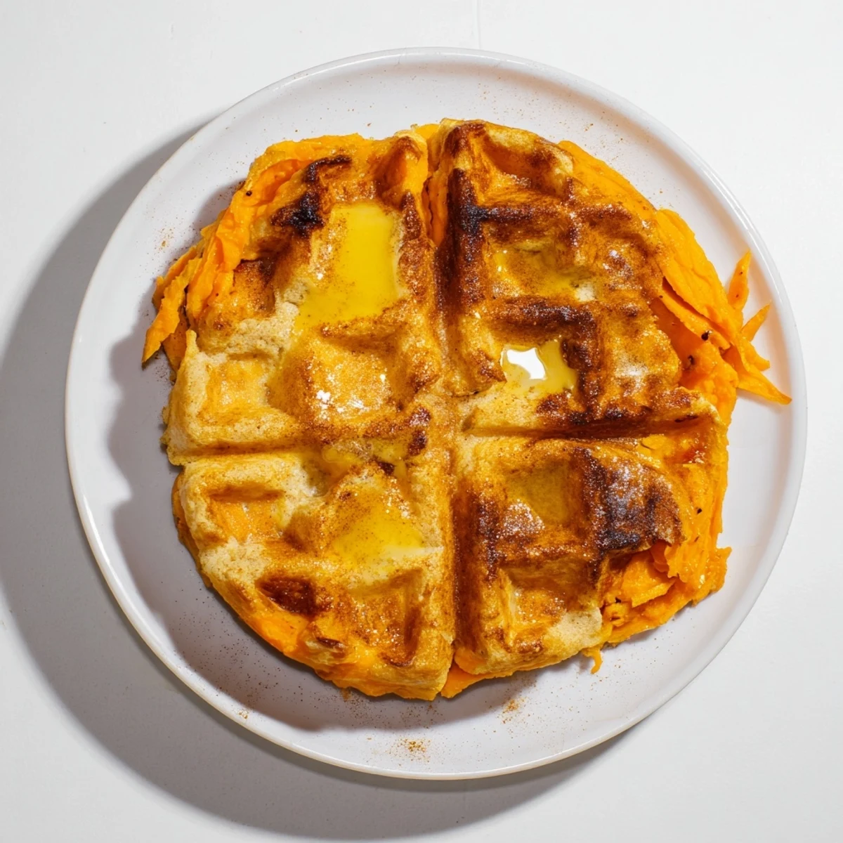 Imagine a stack of sweet potato waffles, light, airy, and topped with fresh berries and syrup.