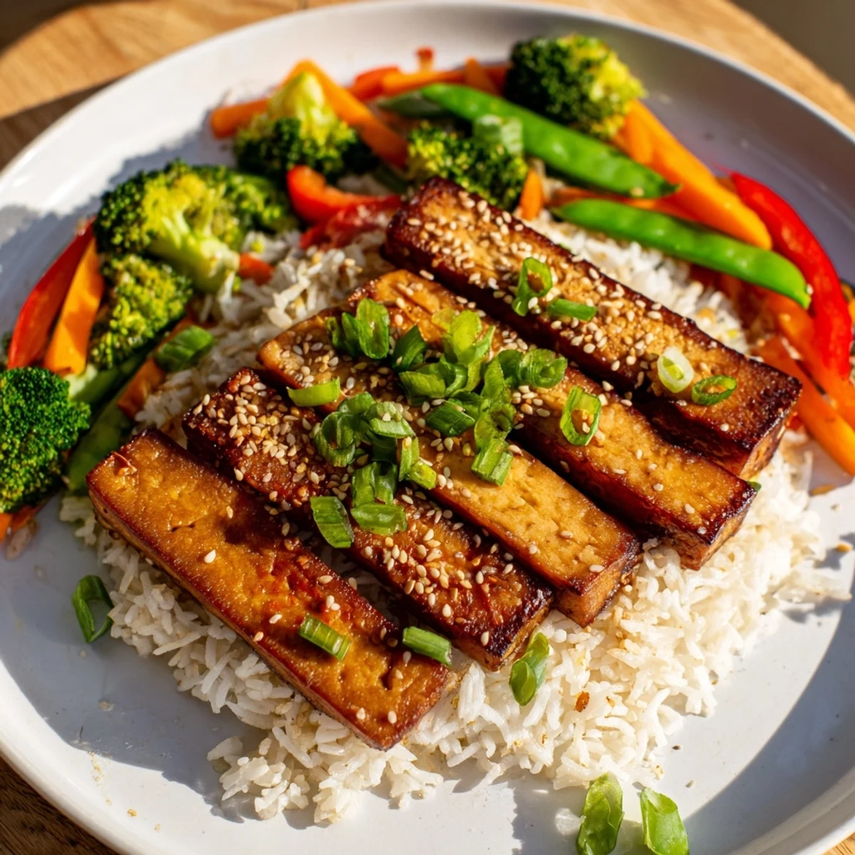 Golden, crispy pressed tofu steaks alongside colorful stir-fried vegetables and fluffy rice.