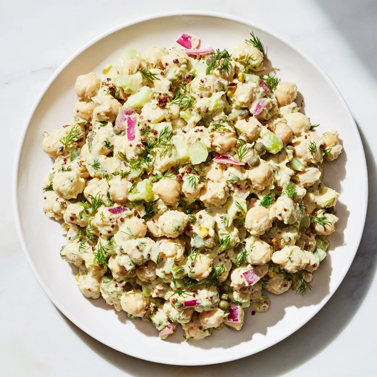 Vibrant chickpea tuna salad, creamy and delicious, ready to be scooped onto a sandwich or wrap.