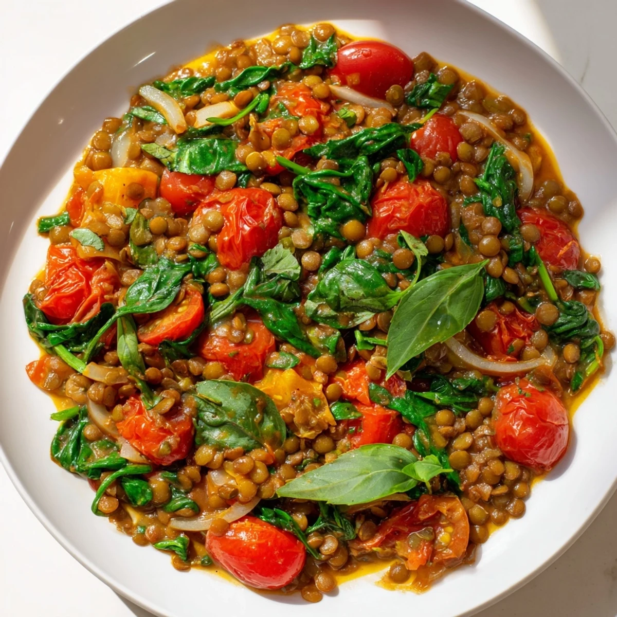 A close-up of a sizzling Lentil-Tomato Skillet, showcasing the rich tomato sauce and tender cooked lentils.