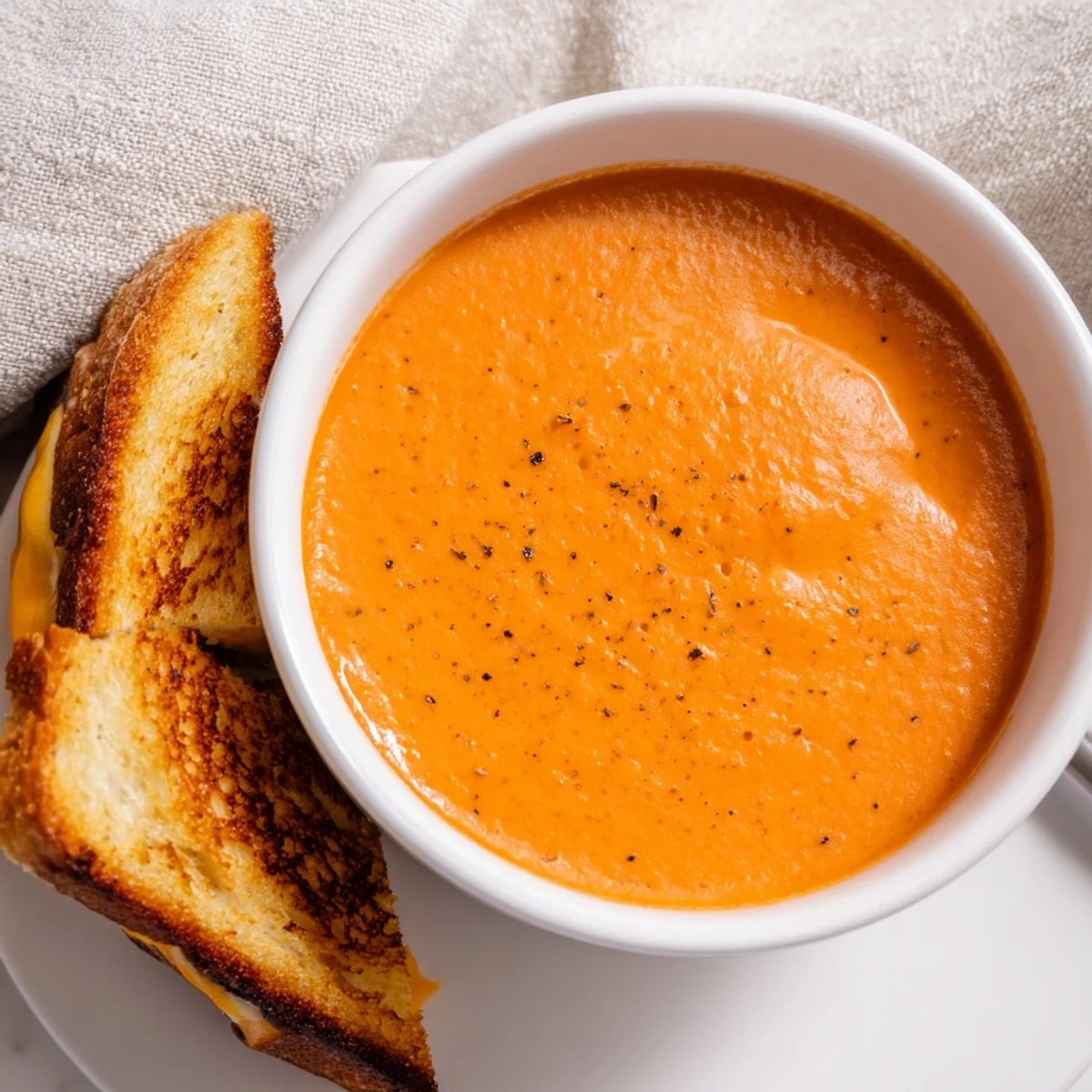 Steaming bowl of 5-Ingredient Tomato Soup beside golden-brown grilled cheese strips, ready for dunking.