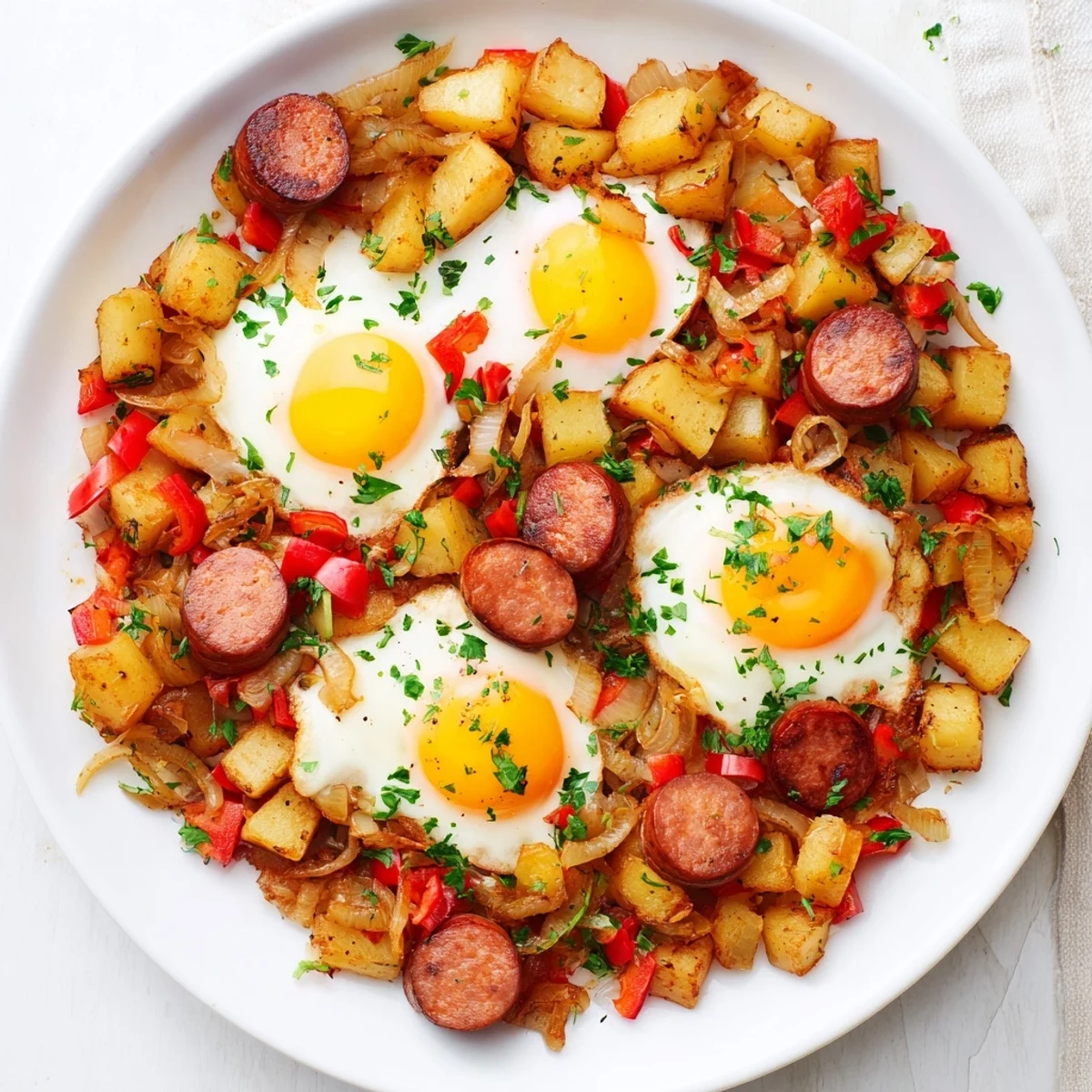 Crispy potatoes mingle with hot dogs in this delicious egg & potato hash, ready to be enjoyed.