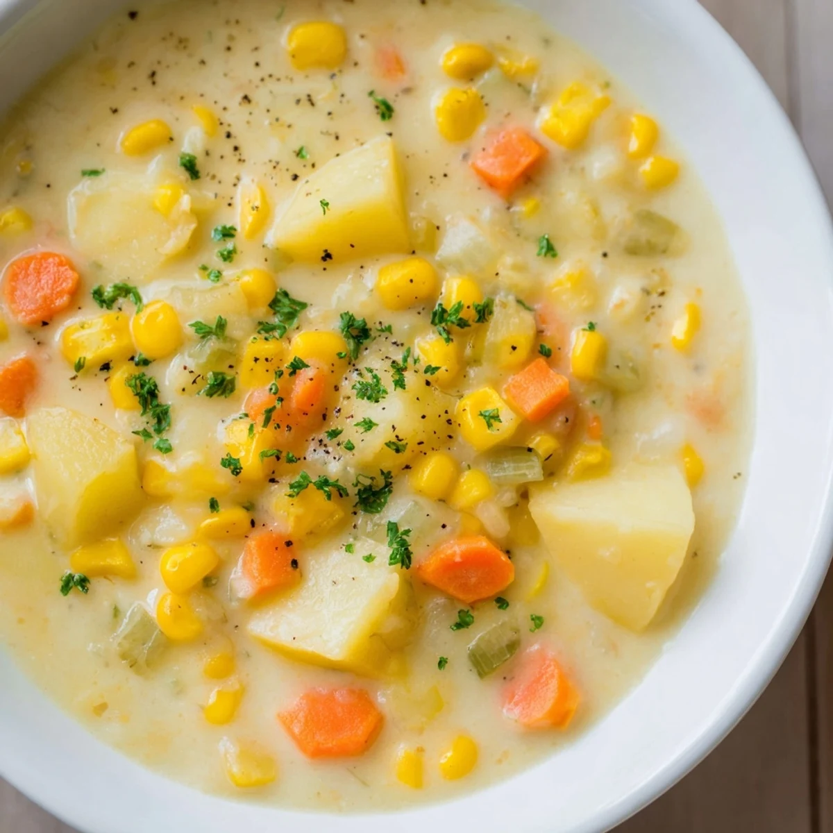 Creamy corn and potato chowder, a warm bowl of comfort food ready to serve on a chilly evening.