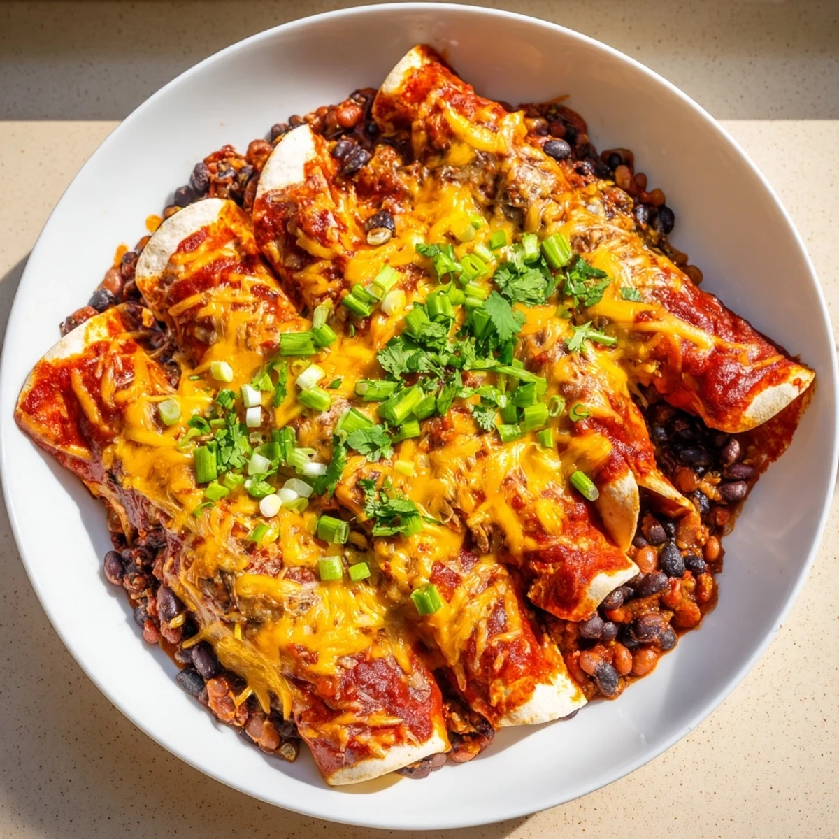 Steaming hot Cheesy Bean Enchiladas with bubbly, melted cheese, ready to serve with fresh garnishes.